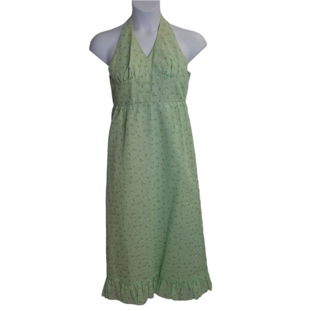 VINTAGE 70s sage green‎ tiny floral hippie boho ruffle halter maxi dress XS